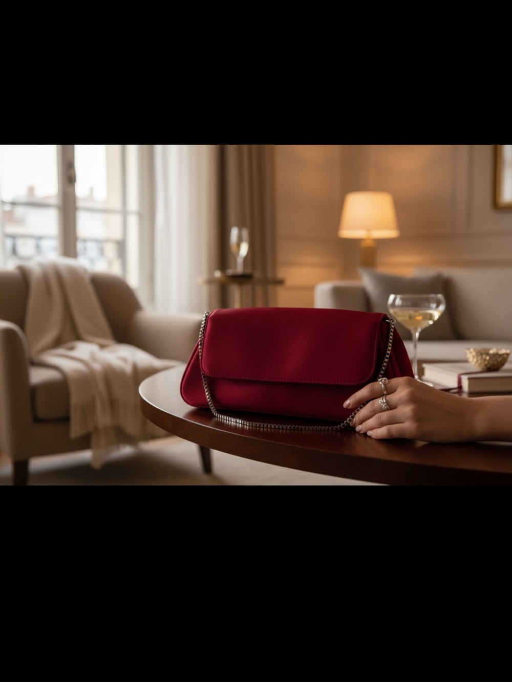 Rich Burgundy Satin Envelope Evening Clutch with short Rhinestone chain